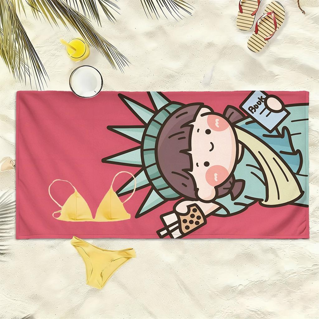 Fun cartoon-style Statue of Liberty polyester microfiber beach towel is highly absorbent suitable for swimming and beach outings