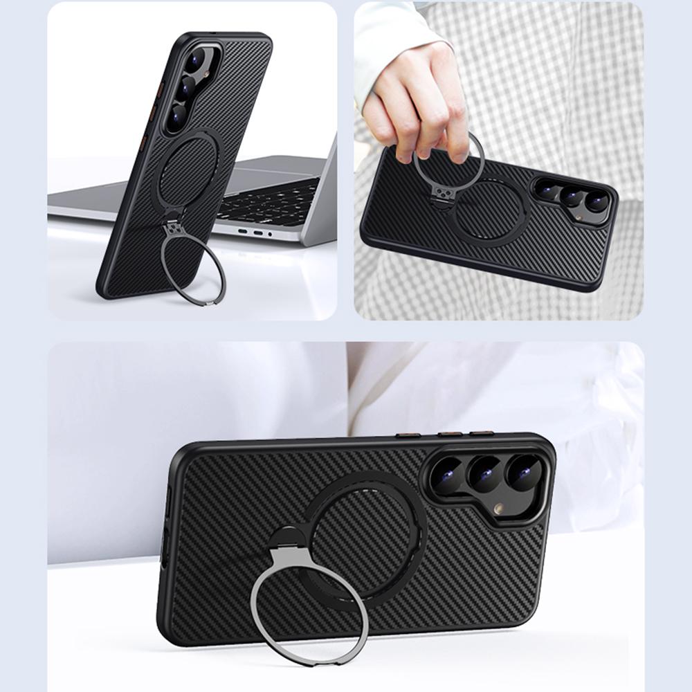For Samsung Galaxy S24 Case Compatible with MagSafe PC+TPU Phone Cover Ring Holder Carbon Fiber Texture