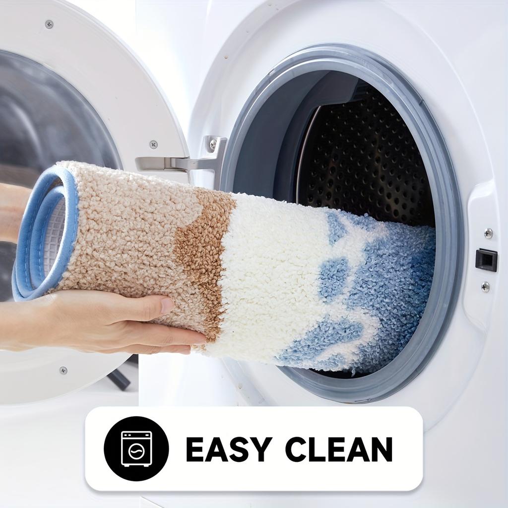 1pc Dajang Plush Bath Mat - Non-Slip, Absorbent, Machine Washable Polyester Bath Mat with Ocean Wave Design, Blue & White,Perfect for Bathroom,Toilet