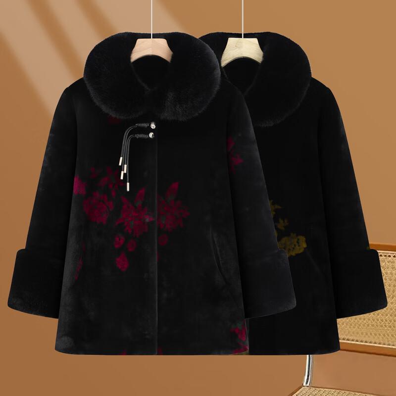 Elderly Women's Plush Lined Winter Coat with Fur Collar