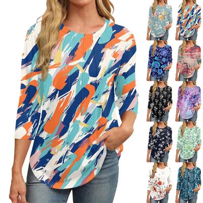 Camiseta Top Básico Casual de Moda para Mujer, Cuello Redondo, Manga de Siete Cuartos, Estampado Retro, Plisada