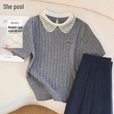 Women's Lace-Spliced Polo Knit Top