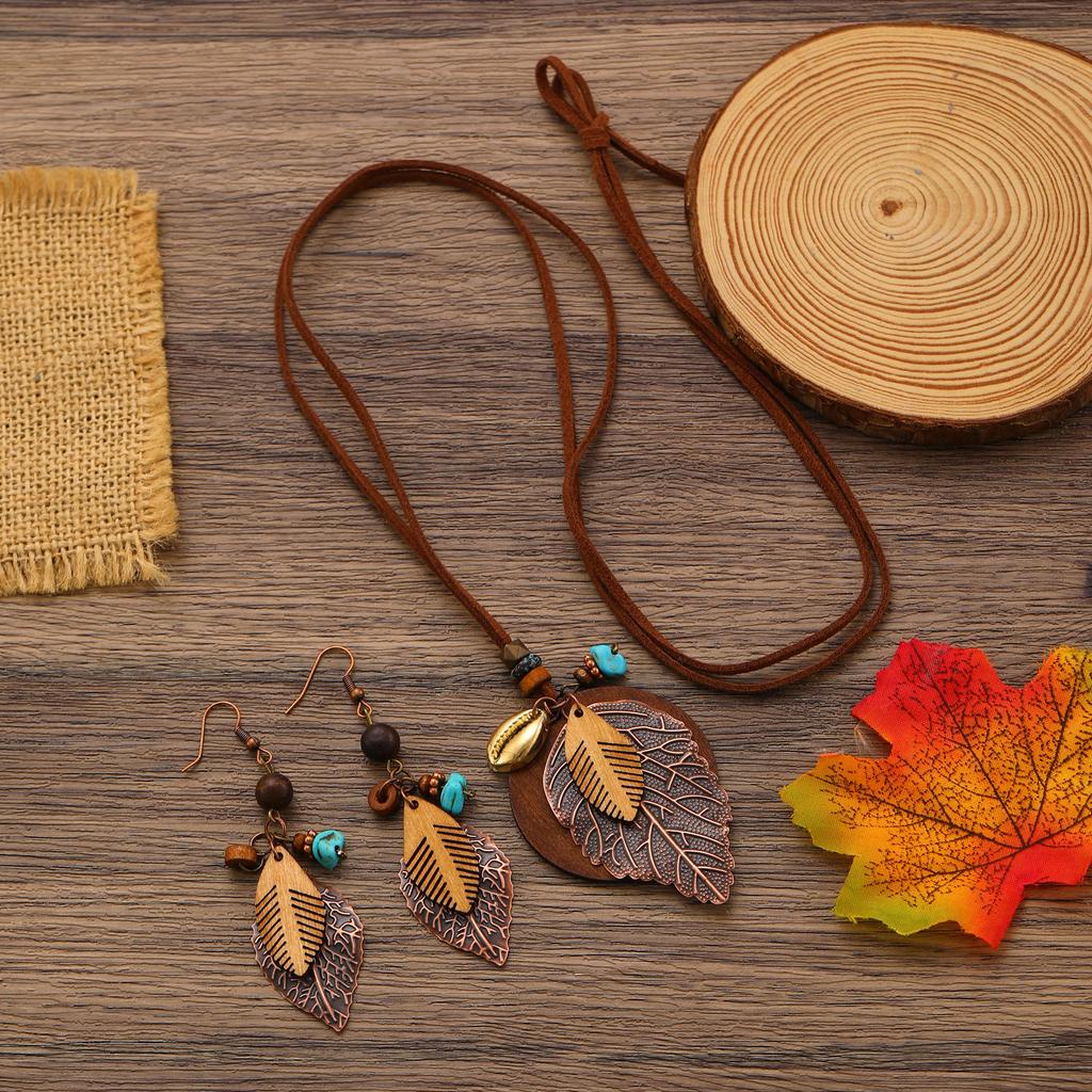Bohemian Leaf & Turquoise Jewelry Set, Vintage Wood & Metal Necklace, Earrings & Ring for Women
