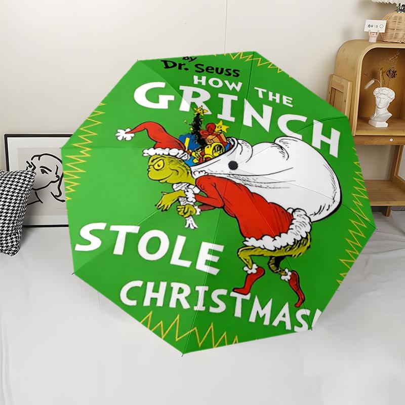 Umbrelă Automată cu Tematică Grinch, Ușoară și Portabilă, 8 Nervuri, Perfectă pentru Călătorii în Aer Liber, Zile de Naștere, Crăciun, Cadouri.