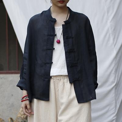 Vintage Schwarze Hemden für Damen Stehkragen Langarm Knopf Chinesischer Stil Blusen Herbst Locker Dünne Hemden