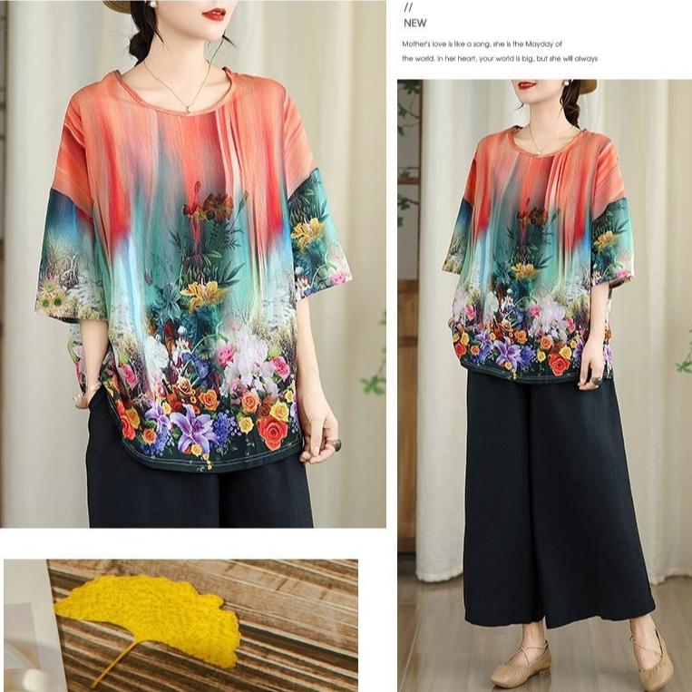 Women's Cotton Linen Printed T-Shirt Summer Thin Short Sleeve Loose Round Neck T-Shirt Top