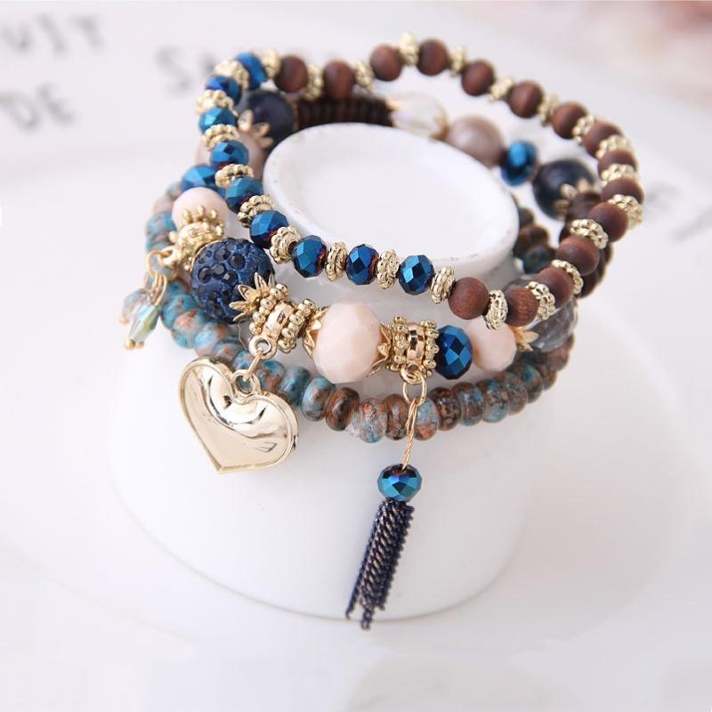 Boho Perlenarmreifen für Damen Herz Kristall Armband Mehrlagiger Quastenanhänger Armband Schmuck