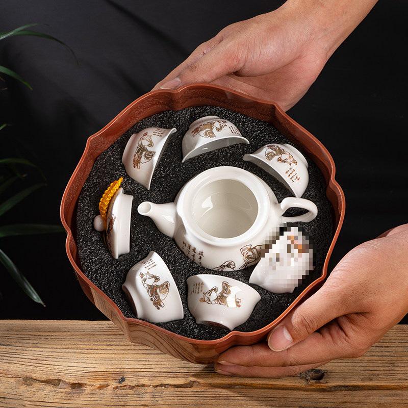 Portable Ceramic Kung Fu Tea Set with Tray, Cups, Teapot, and Lid Bowl