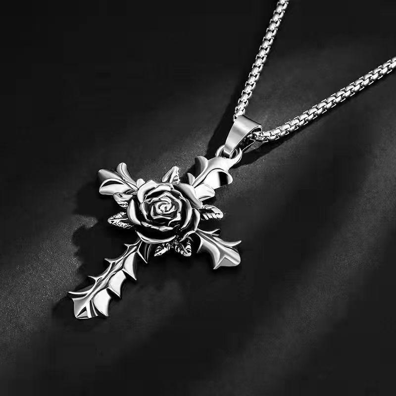European-American Rose Cross Long Necklace, Men's Hip-Hop Fashion Pendant, All-Match Sweater Chain