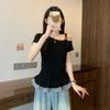 Summer Korean version irregular slanted shoulder splicing lace plaid hem top fashionable sweet and versatile waist short-sleeved women
