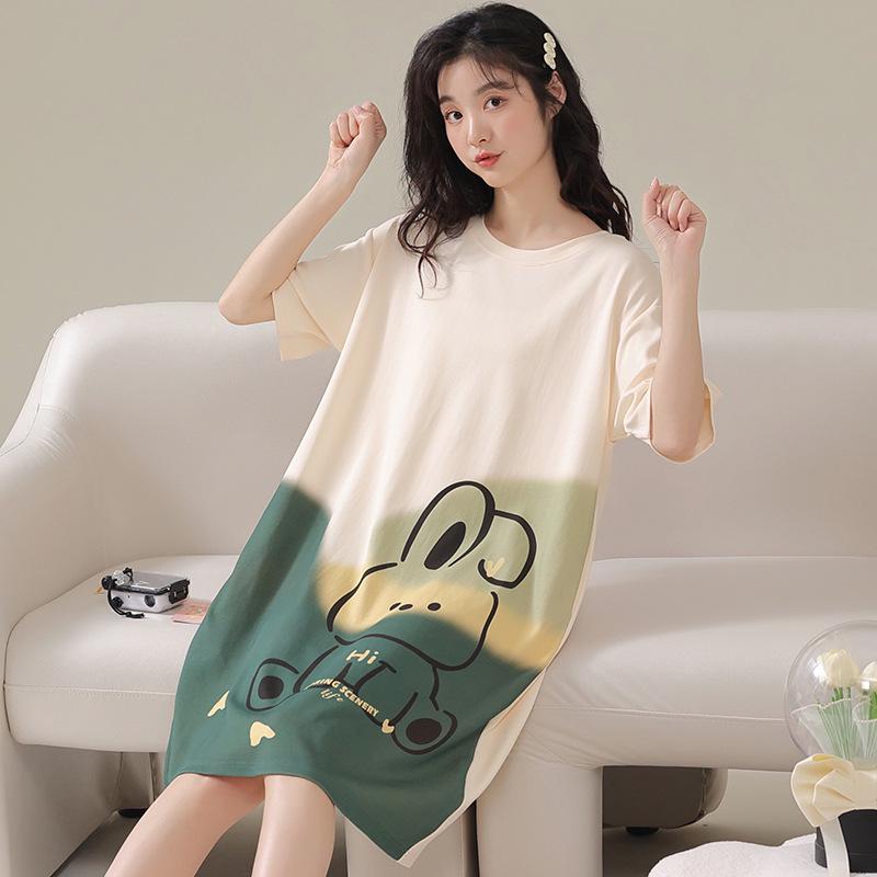 Women's Summer Short Sleeve Sleep Dress - Plus Size, Medium Length, Cute and Sweet