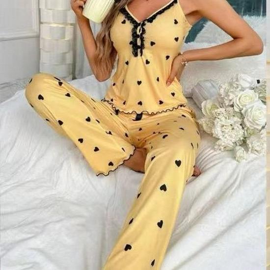 Women's Summer Imitation Silk Camisole & Long Pants Home Wear Set