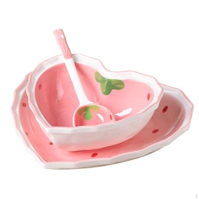 3x Ceramiczna miska na zupę z makaronem w kształcie serca truskawkowego o dużej pojemności