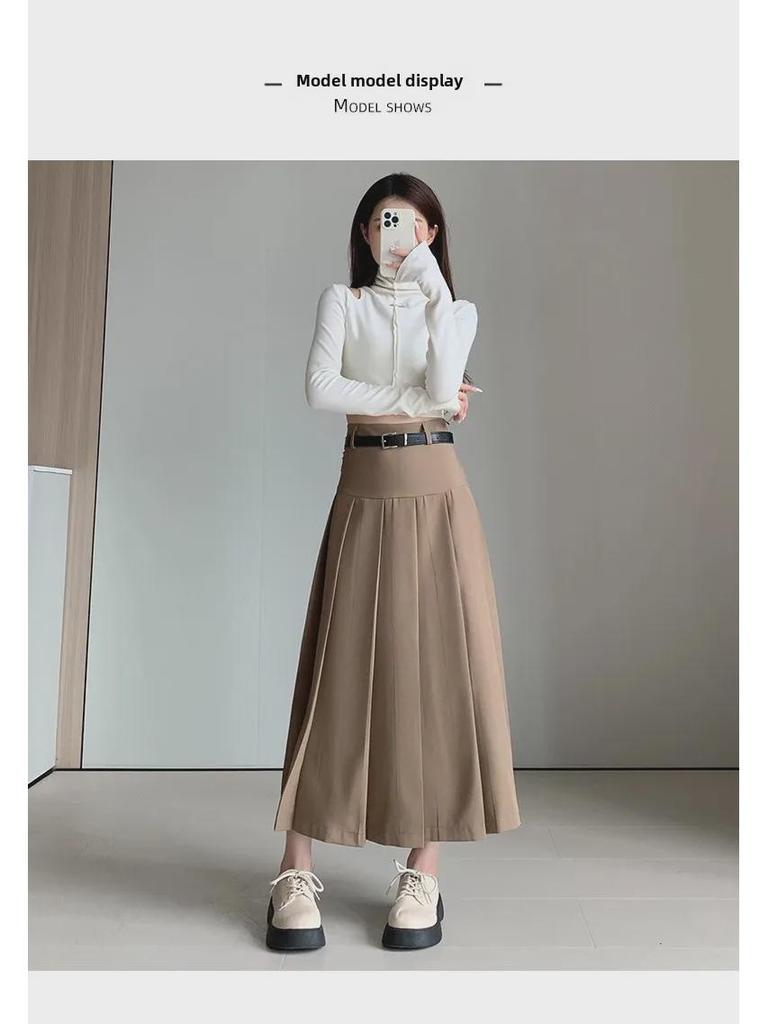 Autumn Women's Belted A-Line Pleated Skirt - New Slim Fit, Hip-Covering, Draped Style