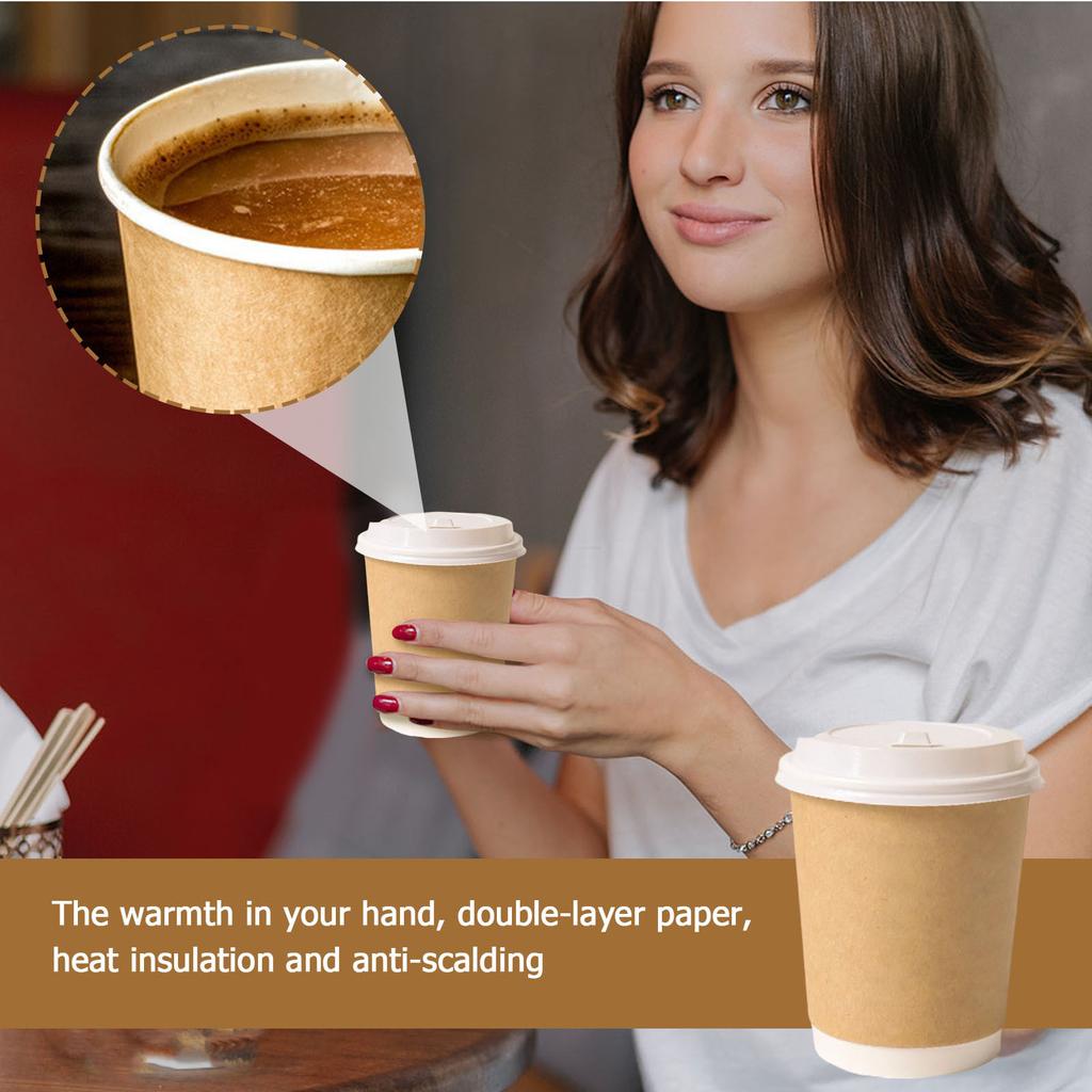 Disposable Paper Cups With Lids 8 Oz, Insulated Takeaway Cups, Corrugated Double Wall, 50 Count