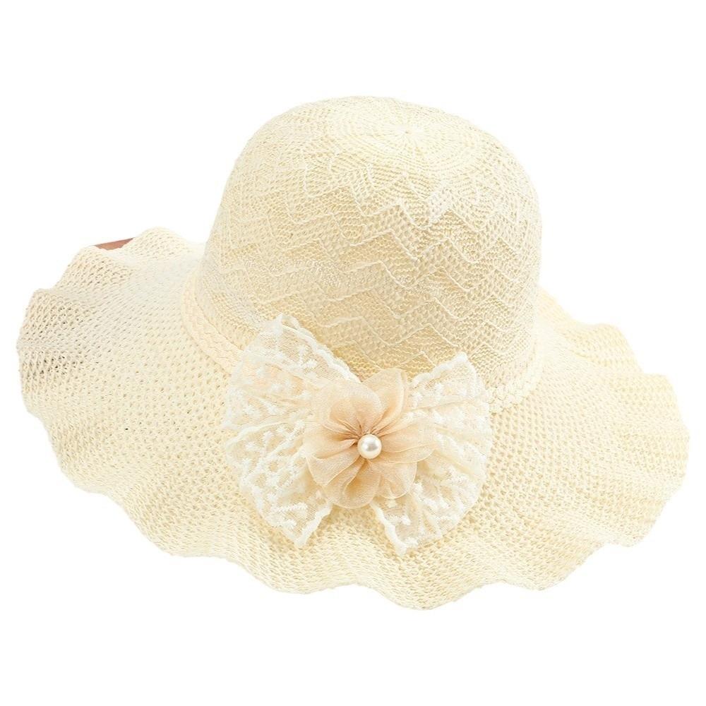 Flower Wide Brim Knitted Hat Lace Bow Beach Sun Hat Fisherman Hat Weave Bucket Hat  Summer бежевый