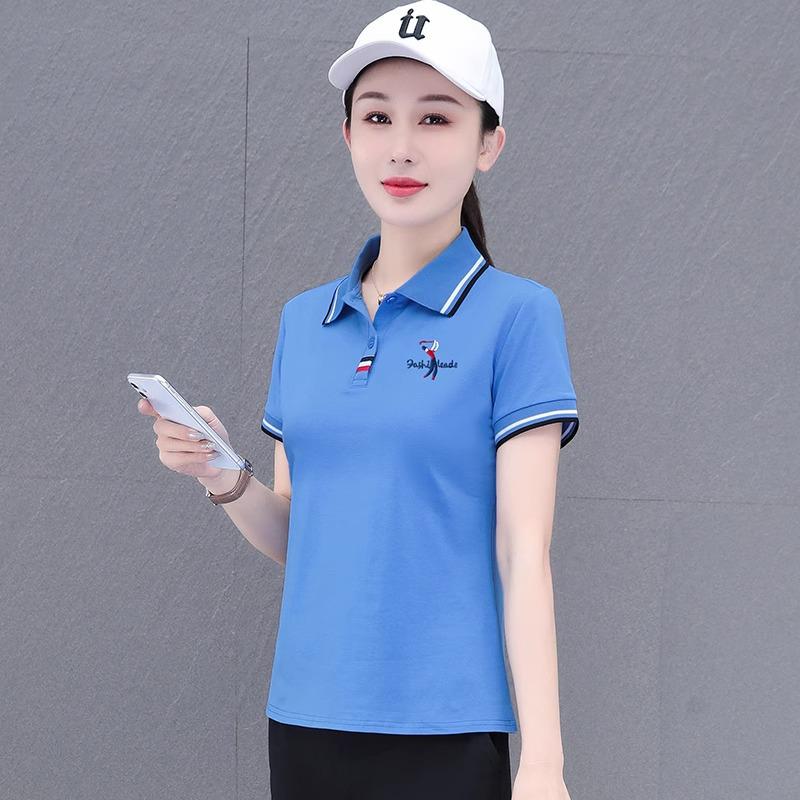 

Женская летняя белая футболка-поло из чистого хлопка с короткими рукавами и возможностью нанесения логотипа, коллекция 2025 года 4XL (135-145 jin) синий