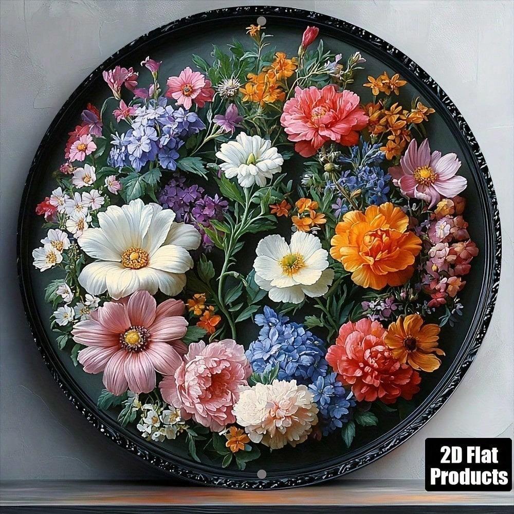 Vintage Floral Landscape Round Metal Wall Art, Aluminum 2D Decorative Plate 8x8 Inches, Home Bar Kitchen Decor