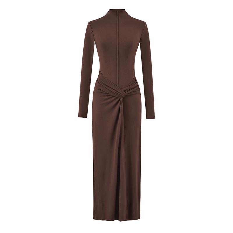 Elegant High-Neck Long-Sleeve Dress for Women, Autumn/Winter, Waist-Cinching, Hip-Hugging with Twisted Design