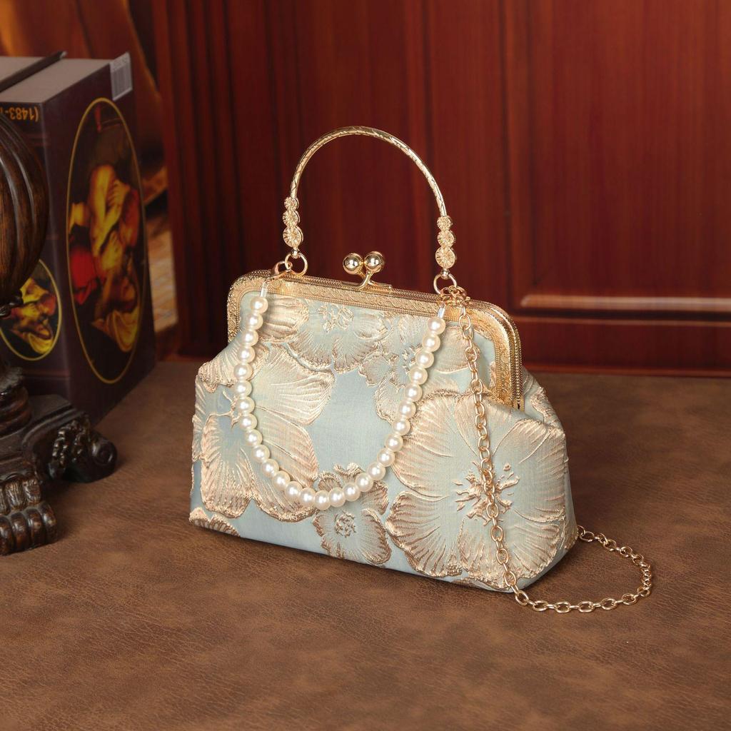 New Chinese Style Cheongsam Bag with Elegant Temperament, Banquet Clip Bag, Solemn Hand-held Mouth, Gold Bag, Pearl Bag, Crossbody