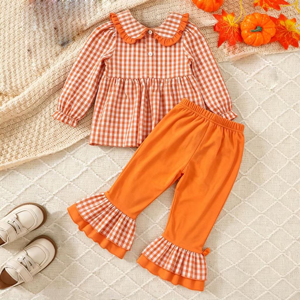 Kleinkind Mädchen Halloween Kürbis Stickerei Langarm Rundhals Pullover Sweatshirt und Elastische Taille Ausgestellte Hose Set