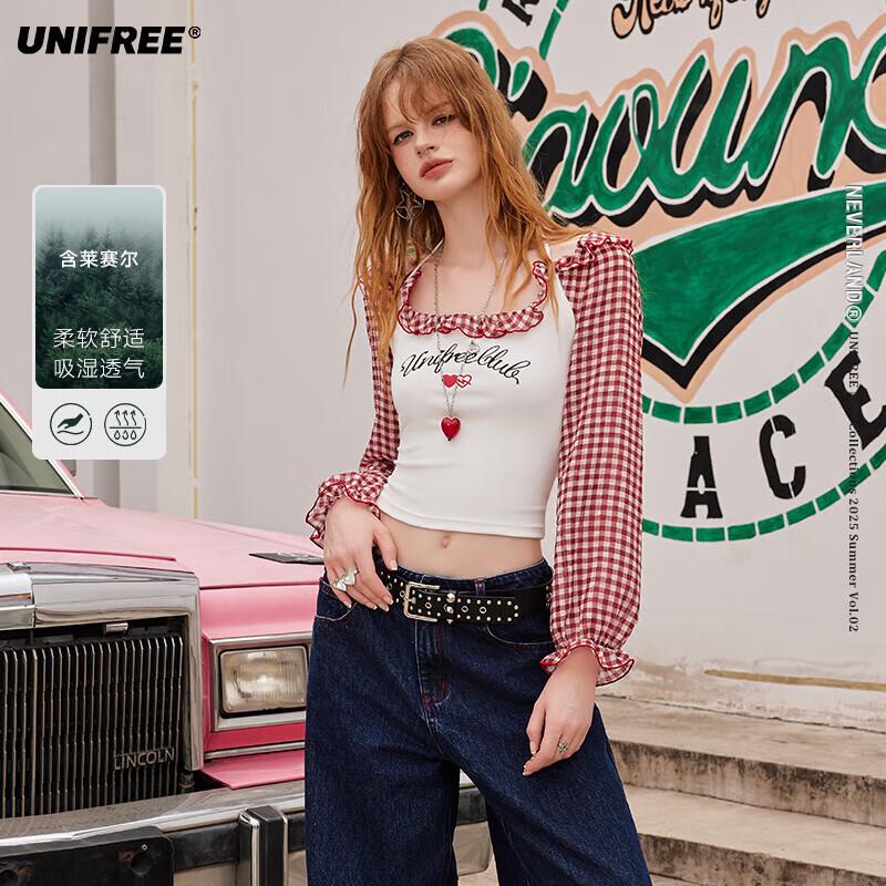 UNIFREE Faux Two-Piece Red Plaid Long Sleeve T-Shirt S