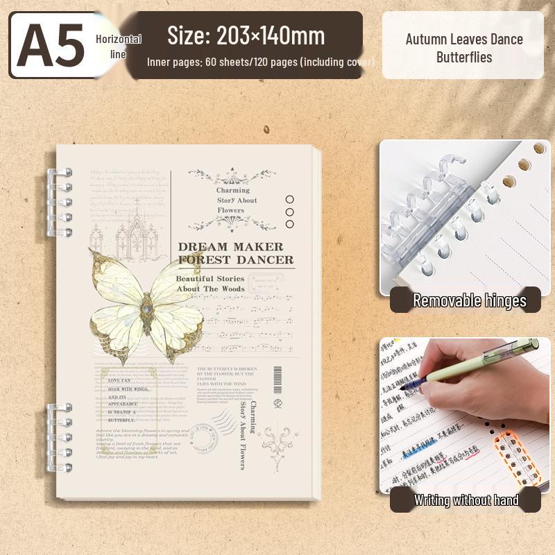 Butterfly Retro English Loose-Leaf Binder: A5 Lined Inner Core B5 Single Book with OPP Bag Packaging