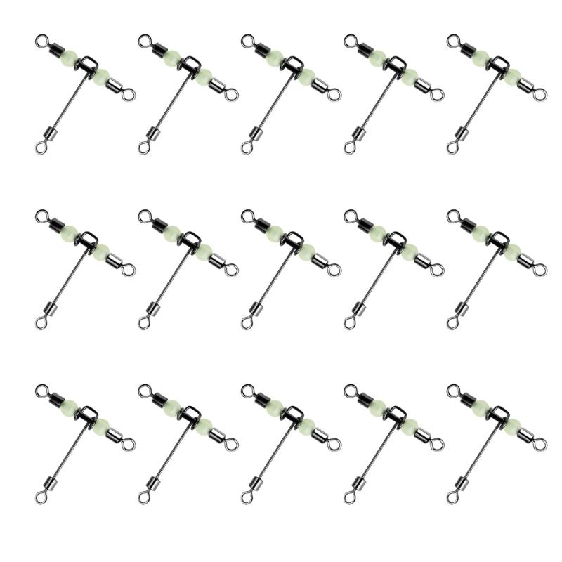 15Pcs Swivels Barrels Rolling Swivels Fishing Tackle Rig Swivels 3 Way Swivels with Glow Beads