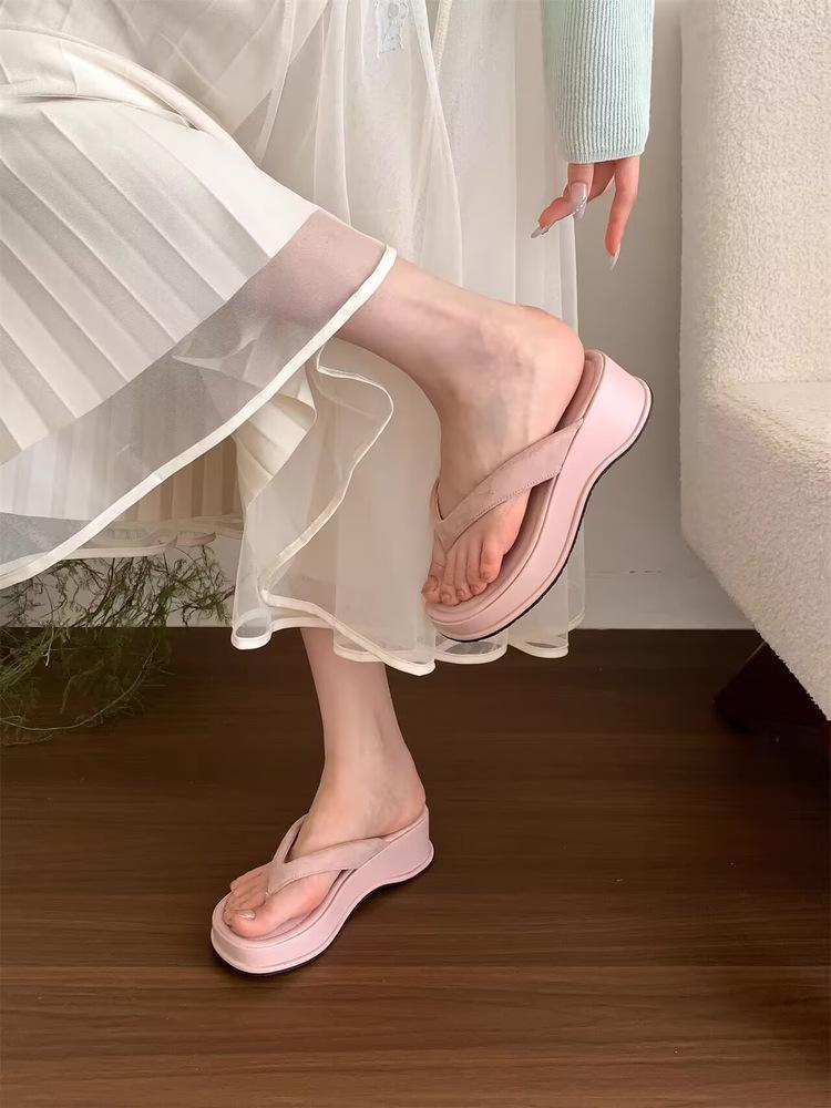 

Клиновидный каблук высокий каблук серебристые шлепанцы с перемычкой женская обувь носить толстую подошву увеличивающую рост обувь сандалии 39 розовый