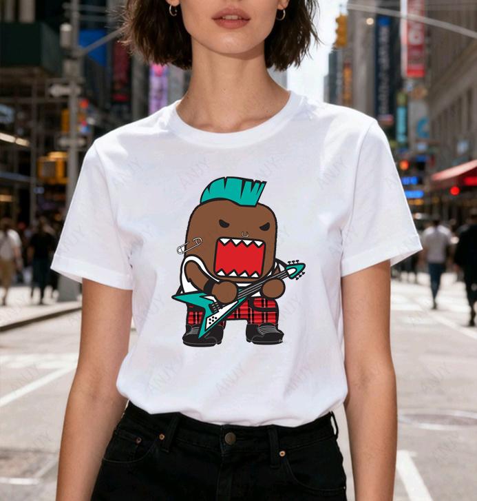 Japanese Retro Domo Tamajun Cartoon Print Short Sleeve T-Shirt  Unisex Loose Round Neck Pure Co
