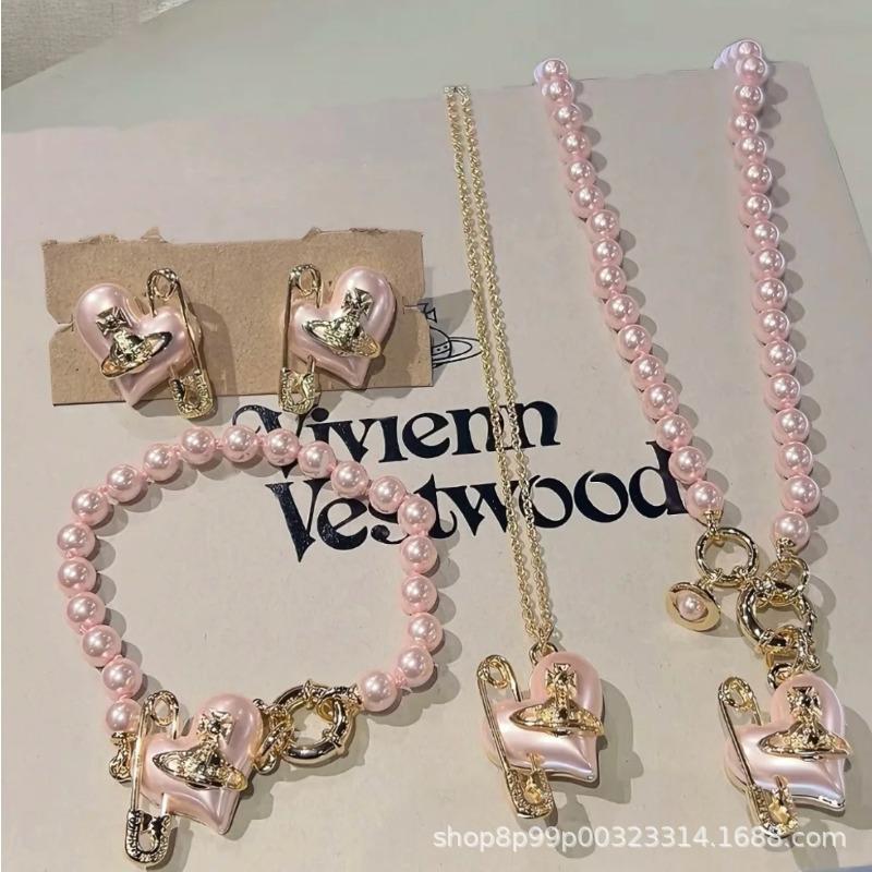 Queen Mother West's New Pink Pearl Love Pin Saturn Bracelet, Necklace, Earrings, Sweet Temperament Heart Shape