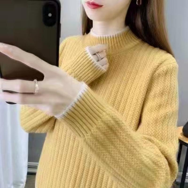 

Осень и зима новый свитер с полувысоким воротником женский пуловер свободная верхняя одежда утолщенный модный вязаный свитер базовый свитер женский One size жёлтый