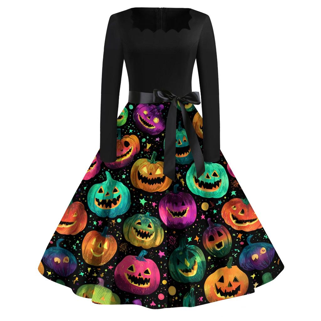 Women's Casual Vintage Halloween Print Square Neck Long Sleeve Dress with Waist Bow Tie Retro Style Flared Skirt