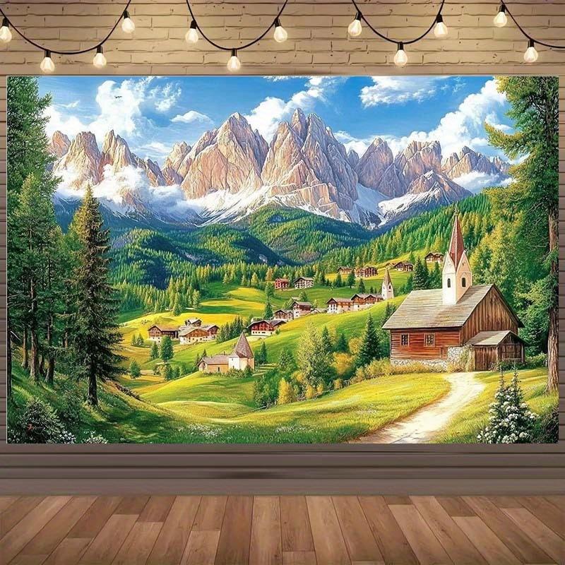 1pc 2D mountain village scenery background - pastoral scenery of temples, wooden houses, and trees, perfect for photography