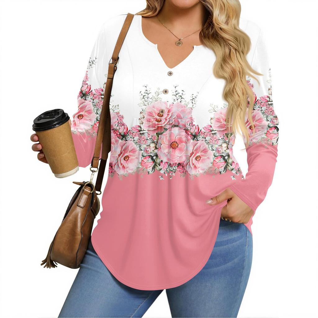 Womens Plus Size Long Sleeve Shirts  V Neck Tunic Tops Basic Loose Fit Tee Tops