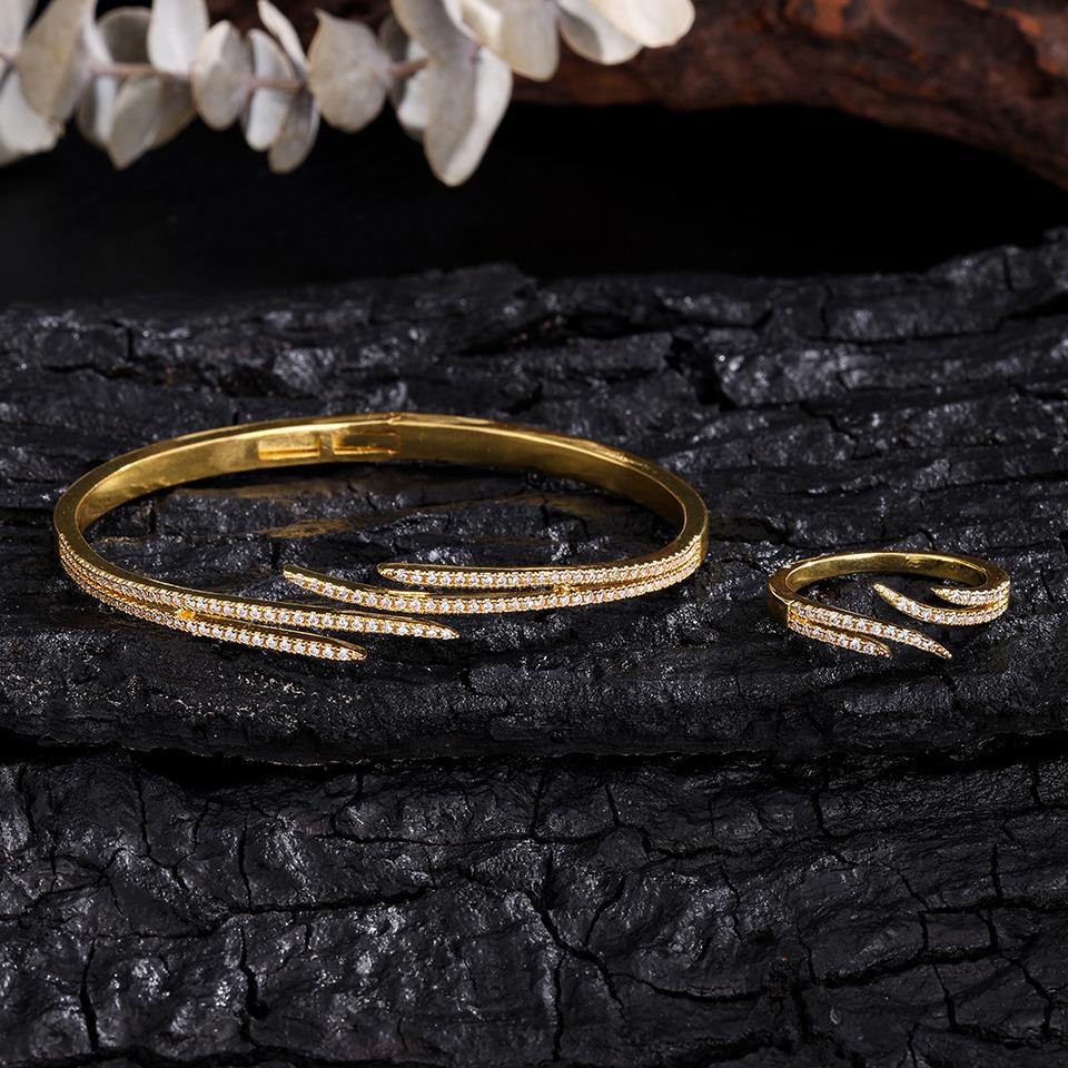 ZAKOL Classic Zircon Inlay Wing Shape Open Bracelet Ring for Women Exquisite 18K Gold Plated Fashion Aesthetic Jewelry Gift