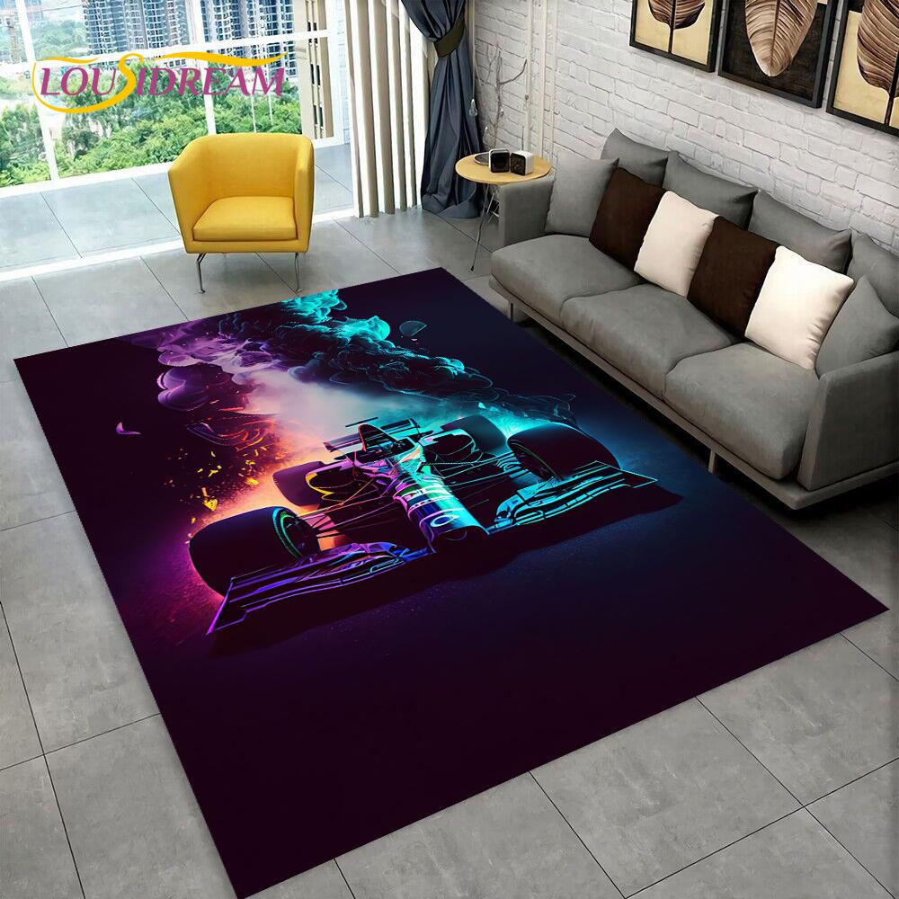 Alfombra de Dibujos Animados para Coche de Carreras y Piloto de Carreras para el Hogar Sala de Estar Dormitorio Sofá Felpudo Decoración, Alfombra para Zona de Juegos Infantil Alfombrilla Antideslizante para el Suelo