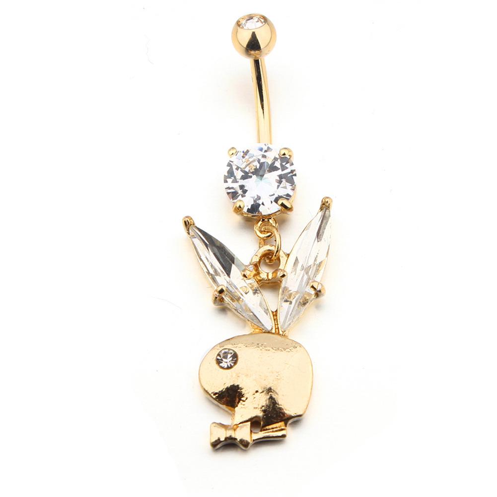 Rhinestone Cartoon Rabbit Stainless Steel Navel Ring with Zirconia
