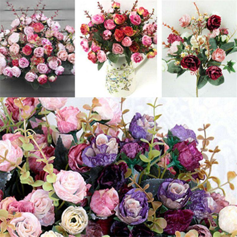 Heads 21 Artificial Silk Flowers Rose Bunch Bouquet Wedding Home Decor Outdoor