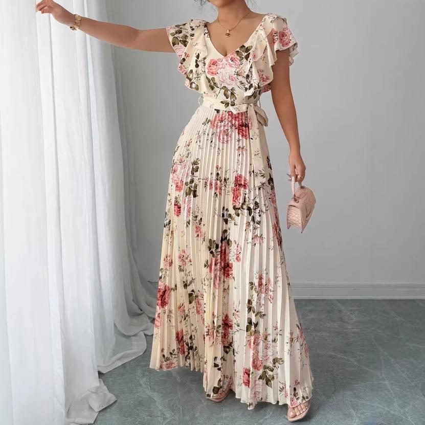 Europe and the United States hot summer women's digital printing pleated holiday wind lotus leaf edge waist elegant romantic women's dress