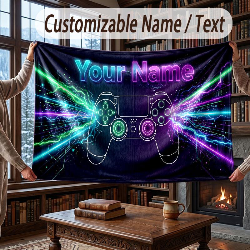 Game Controller Theme Throw Blanket Custom Name Text Personalized Blanket Soft Cozy Blanket for Home Sofa Bed