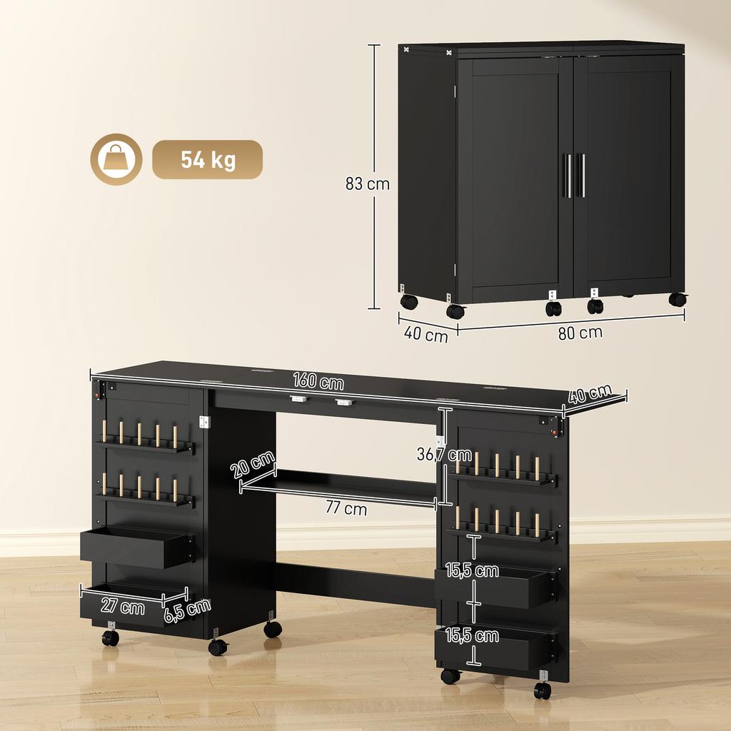 Folding Sewing Table on Casters, 2 Magnetic Doors, 4 Trays, 20 Hooks, 160 x 40 x 83 cm, Black