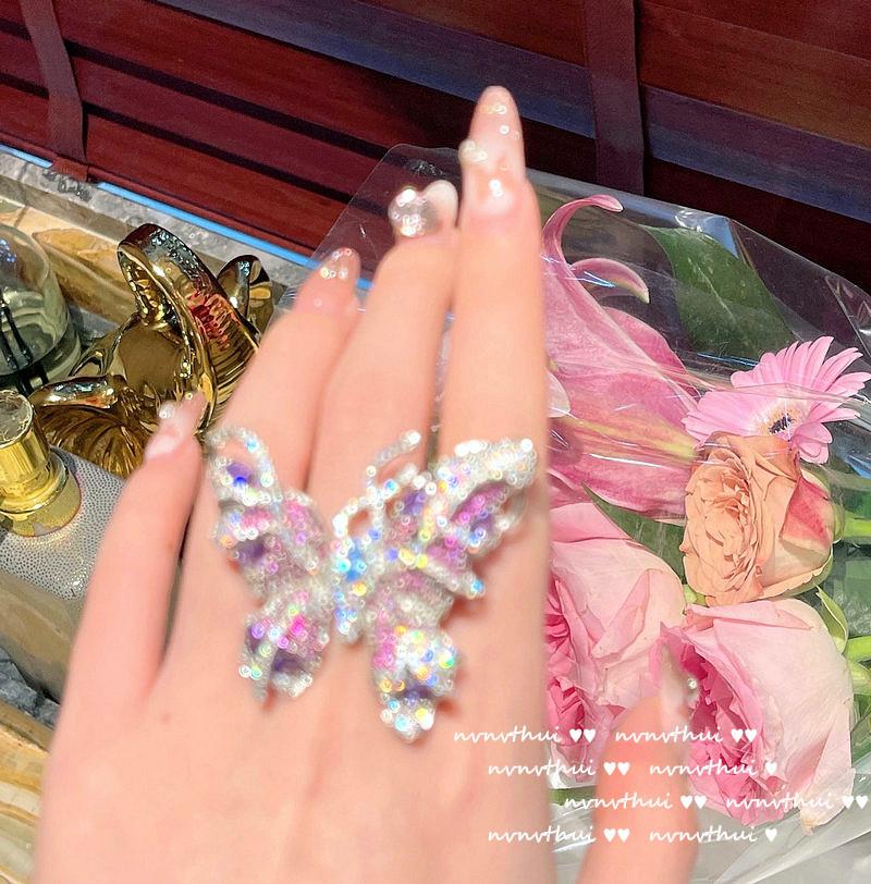 Mirage Grape Purple Gem Butterfly Elf Ring, Designer Plated 18K Gold Treasure Zircon Butterfly Ring Medieval