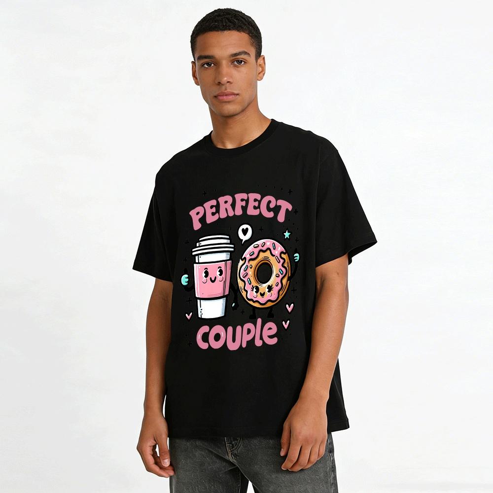 Perfect Couple Coffee Donut Graphic Casual Tee Pure Cotton T-shirt