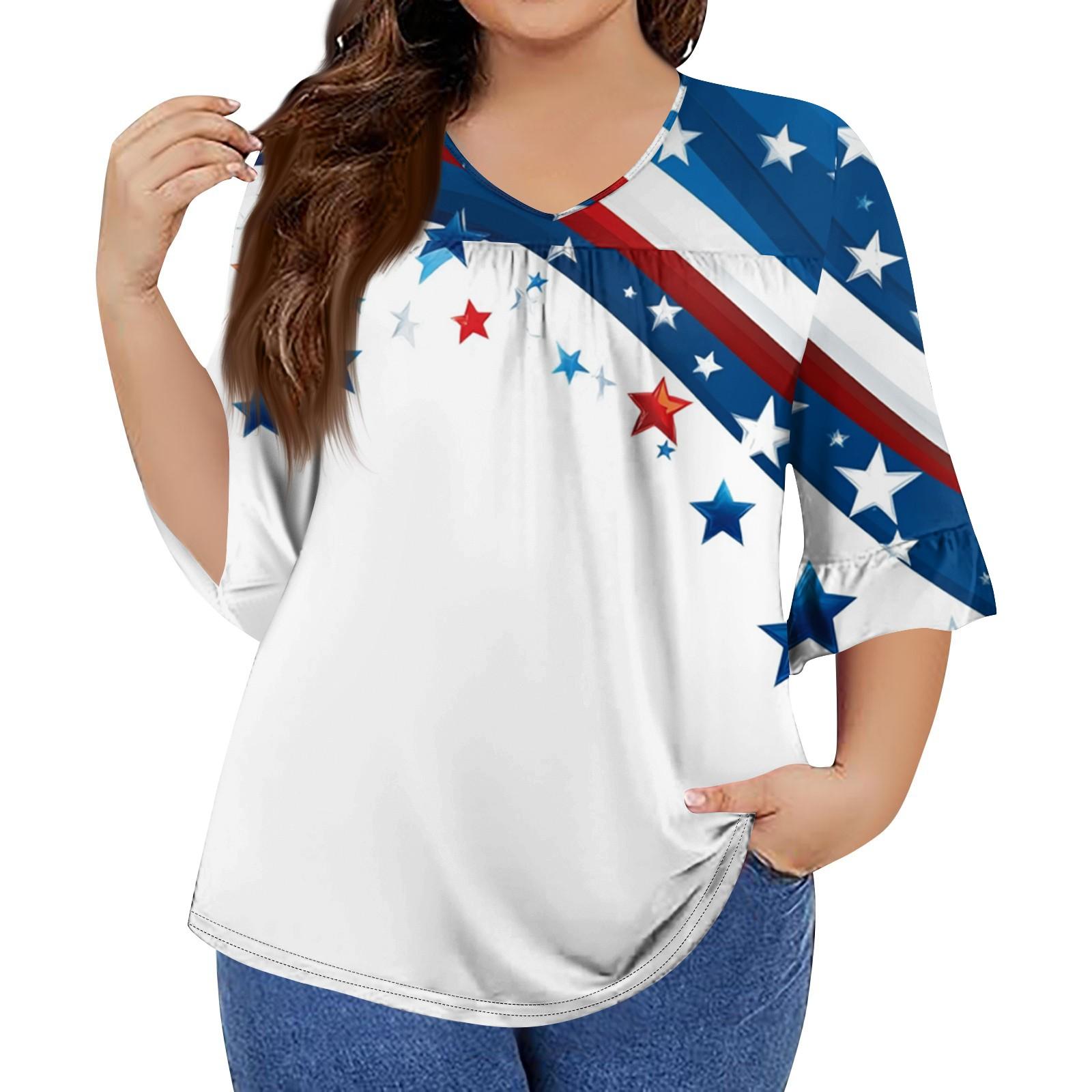 

Женская мода повседневная футболка с V-образным вырезом, рукавами-семью, оборками, принтом «День независимости», топы, женские топы больших размеров XXXXL белый