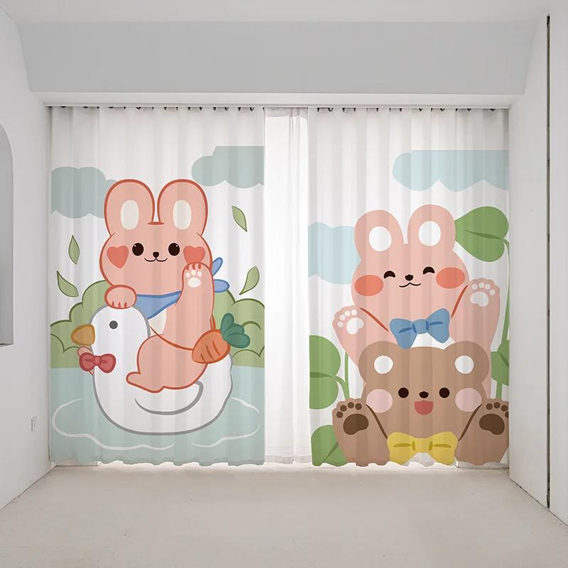 Cartoon Fun Bunny Bear Cute Ins Pink Girl Kids Room Bedroom Kindergarten Semi-blackout Window Blind Curtain High Shading 2Panels