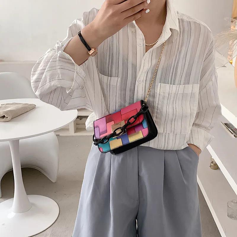 Women's Vintage Portable HandBag Versatile Single Shoulder Slant Across Bag Female Contrast Color Small Square Chain Bag