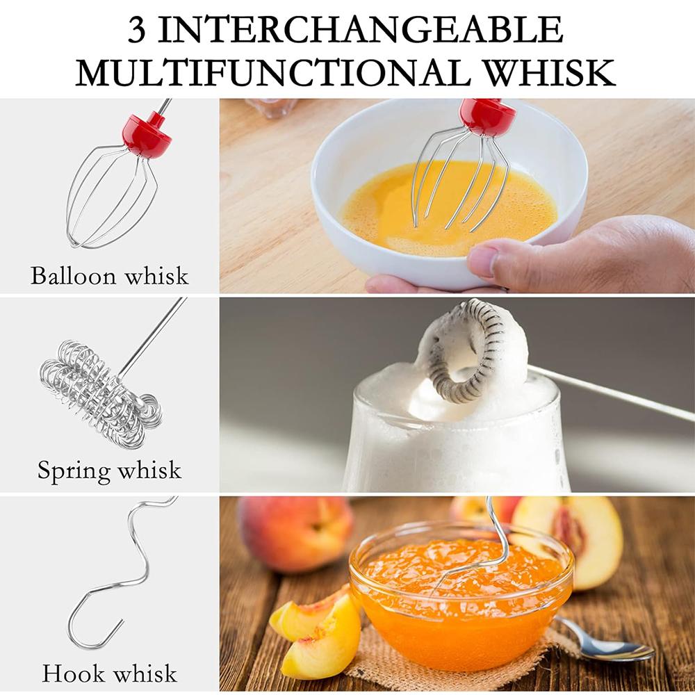 Rechargeable Handheld Milk Frother 3 Speeds Drink Mixer With 3 Heads, Red