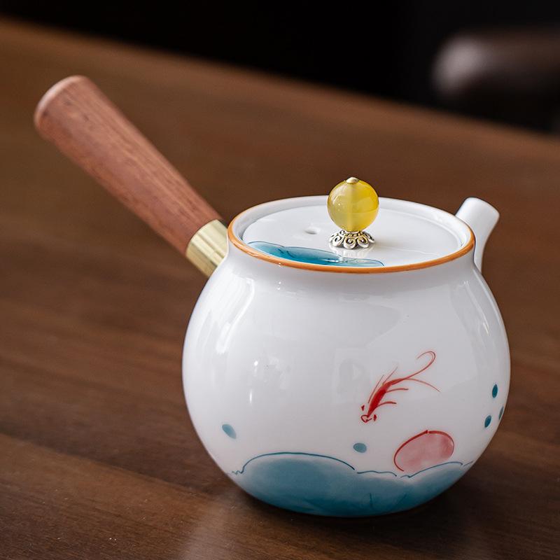 Hand-painted Mutton Fat Jade White Porcelain Teapot Single Pot Hand with Handle Side Handle Teapot Xishi Pot Kung Fu Tea Set Tea