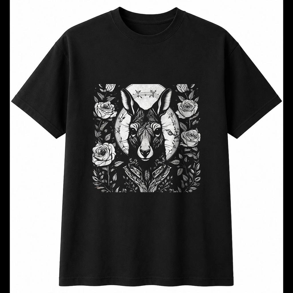 Botanical Kangaroo with Roses Mens T-Shirt Wildlife Black 100% Cotton Printed
